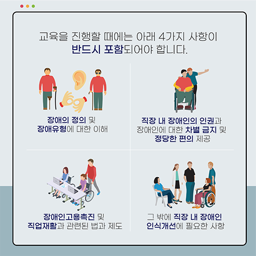교육을 진해할 때에는 아래 4가지 사항이 반드시 포함되어야 합니다. 장애의 정의 및 장애유형에 대한 이해. 직장 내 장애인의 인권과 장애인에 대한 차별 금지 및 정당한 편의 제공. 장애인고용촉진 및 직업재활과 관련된 법과 제도. 그 밖에 직장 내 장애인 인식개선에 필요한 사항